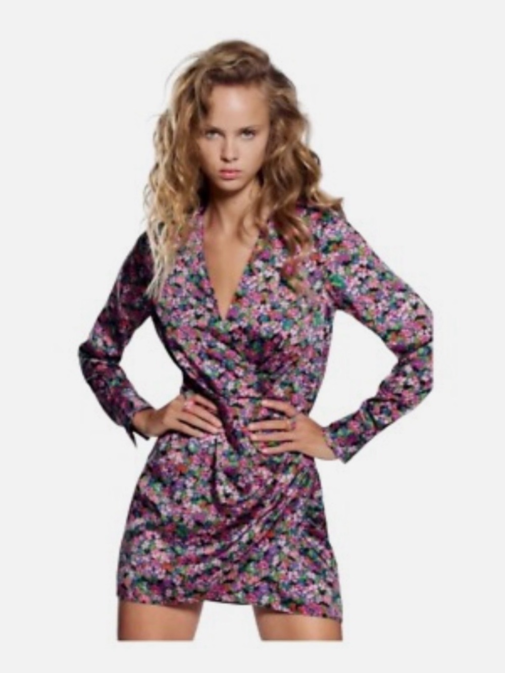 Zara Purple Floral Wrap Mini Dress with Pink & Green Accents Size S